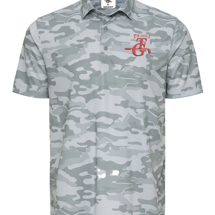 TX GOLF TG Crosswind Performance Light Gray Camo Golf Shirt with Red Adornment Logo.