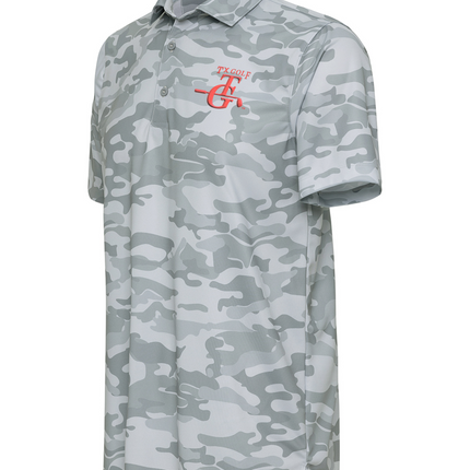 TX GOLF TG Crosswind Performance Light Gray Camo Golf Shirt with Red Adornment Logo.