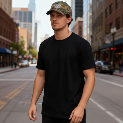 Texas Gear Emblem. Adorn the FlexFit  YP Classic Retro “CAMO” Trucker Hat