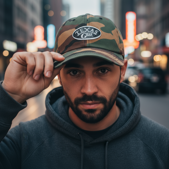 Texas Gear Emblem. Adorn the FlexFit  YP Classic Retro “CAMO” Trucker Hat