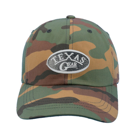 Texas Gear Emblem. Adorn the FlexFit  YP Classic Retro “CAMO” Trucker Hat