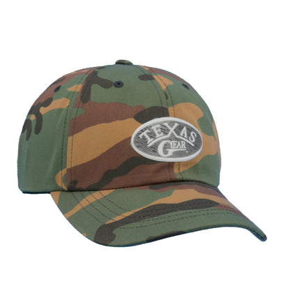 Texas Gear Emblem. Adorn the FlexFit  YP Classic Retro “CAMO” Trucker Hat
