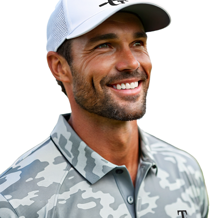 TX GOLF TG Crosswind Performance Light Gray Camo Golf Shirt with Black Adornment Logo.