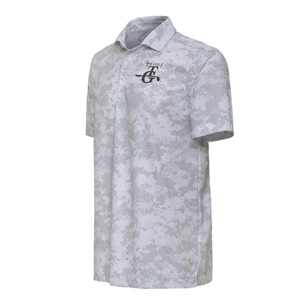 TX GOLF TG Crosswind Performance Light Gray Camo Golf Shirt with Black Adornment Logo.