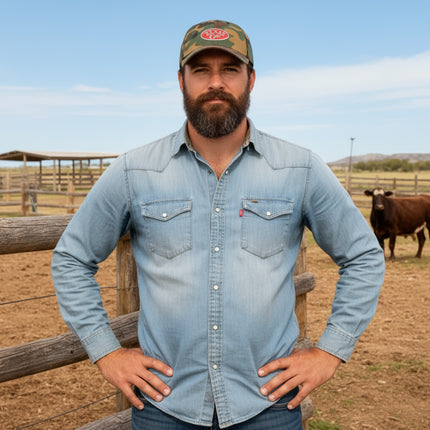 Texas Gear Emblem. Adorn the FlexFit YP Classic Retro “CAMO” Trucker Hat
