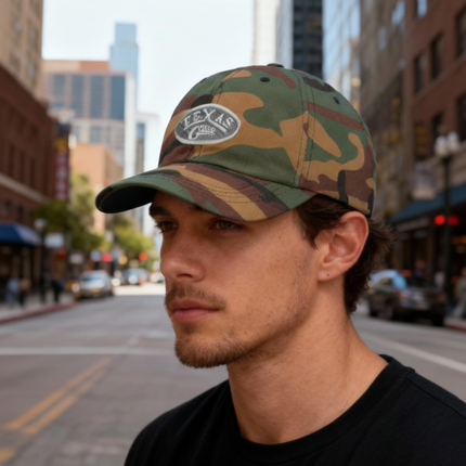 Texas Gear Emblem. Adorn the FlexFit  YP Classic Retro “CAMO” Trucker Hat