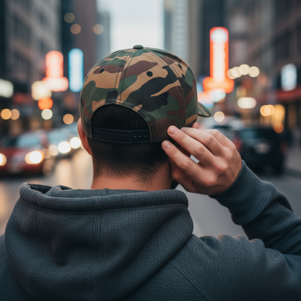 Texas Gear Emblem. Adorn the FlexFit  YP Classic Retro “CAMO” Trucker Hat