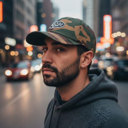 Texas Gear Emblem. Adorn the FlexFit  YP Classic Retro “CAMO” Trucker Hat